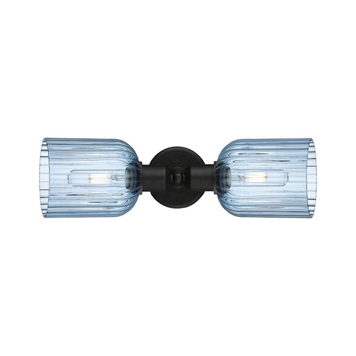 Innovations Bridal Veil 17in 2-Light Linear Bath Vanity Light | Industrial Matte Black Steel and Princess Blue Ribbed Glass | Model 900-2W-BK-G559-5BL