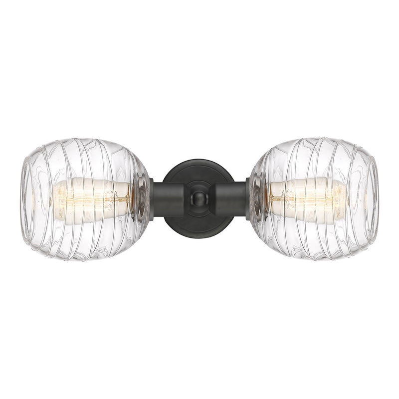 Innovations Belfast 17.25in 2-Light Linear Bath Vanity Light | Industrial Oil Rubbed Bronze Steel and Deco Swirl Glass | Bathroom | Model 900-2W-OB-G1013