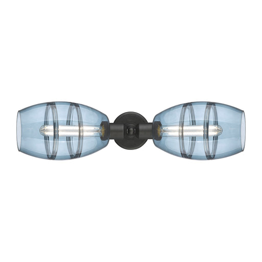 Innovations Vaz 24in 2-Light Linear Bath Vanity | Industrial Oil Rubbed Bronze Steel and Blue Glass | Kitchen & Bathroom | Model 900-2W-OB-G557-6BL