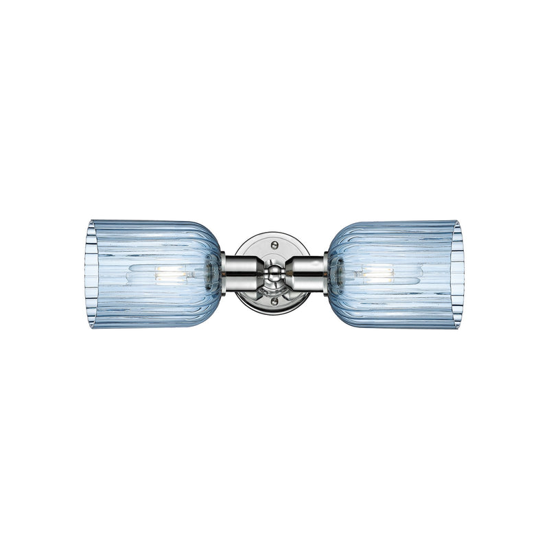 Innovations Bridal Veil 17in 2-Light Linear Bath Vanity | Industrial Polished Chrome and Princess Blue Ribbed Glass | Bathroom | Model 900-2W-PC-G559-5BL