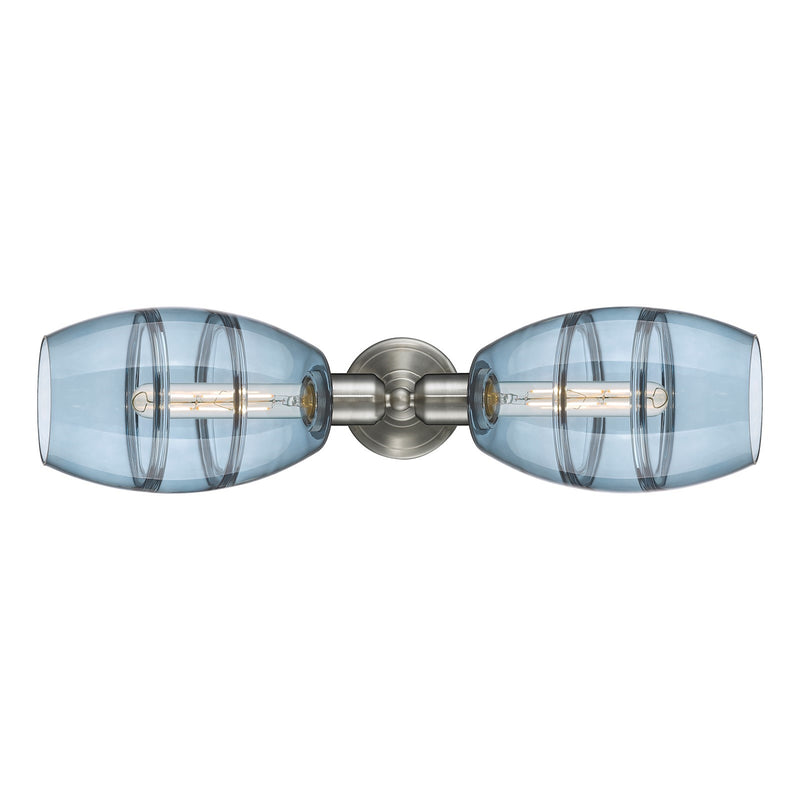 Innovations Vaz 24in 2-Light Linear Bath Vanity Light | Industrial Brushed Satin Nickel and Blue Glass | Bathroom Vanity & | Model 900-2W-SN-G557-6BL