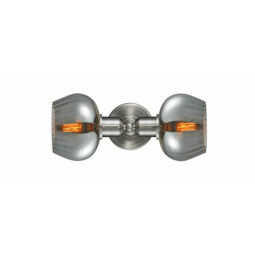 Innovations Fenton 16in 2-Light Bath Vanity Light | Industrial Brushed Satin Nickel and Light Smoke Ribbed Glass | Bathroom Vanity | Model 900-2W-SN-G93