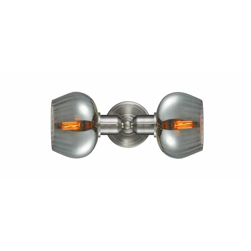 Innovations Fenton 16in 2-Light Bath Vanity Light | Industrial Brushed Satin Nickel and Light Smoke Ribbed Glass | Bathroom | Model 900-2W-SN-G93-LED