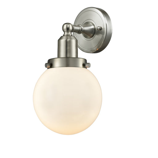 Innovations Beacon 6in 1-Light Wall Sconce | Transitional Brushed Satin Nickel and Matte White Frosted Glass | Hallway & Bedroom | Model 900H-1W-SN-G201-6