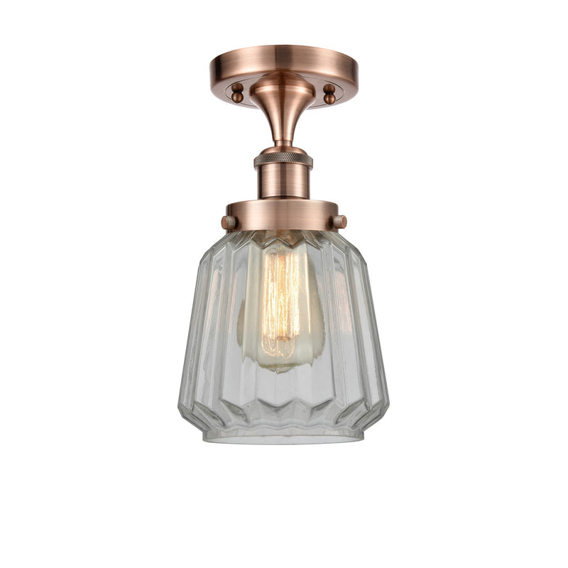 Innovations Chatham 7in 1-Light Semi-Flush Mount | Modern Transitional Antique Copper Steel and Clear Ribbed Glass | Entryway & | Model 916-1C-AC-G142