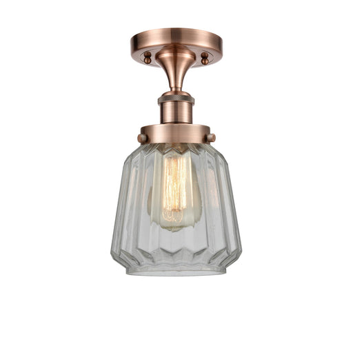 Innovations Chatham 7in 1-Light Semi-Flush Mount | Modern Transitional Antique Copper Steel and Clear Ribbed Glass | Entryway & | Model 916-1C-AC-G142