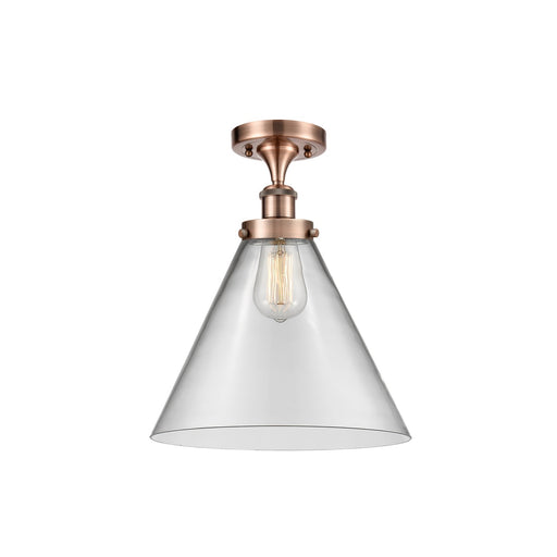 Innovations Cone 12in 1-Light Semi-Flush Mount | Industrial Antique Copper Steel and Clear Glass | Hallway & Entryway | Model 916-1C-AC-G42-L-LED