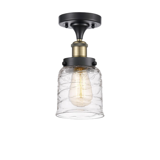 Innovations Bell 5in 1-Light Semi-Flush Mount | Industrial Black Antique Brass and Clear Deco Swirl Glass | Entryway & Hallway | Model 916-1C-BAB-G513