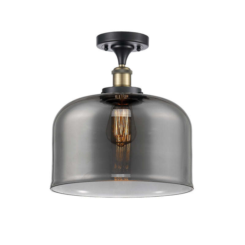 Innovations Bell 12in 1-Light Semi-Flush Mount | Industrial Black Antique Brass and Light Smoke Glass | Foyer & Hallway | Model 916-1C-BAB-G73-L-LED
