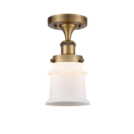 Innovations Canton 5.25in 1-Light Semi-Flush Mount | Modern Contempo Brushed Brass Steel and Matte White Frosted Glass | Model 916-1C-BB-G181S