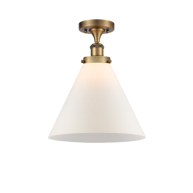 Innovations Cone 12in 1-Light Semi-Flush Mount | Industrial Brushed Brass and Matte White Frosted Glass | Foyer & Hallway | Model 916-1C-BB-G41-L-LED