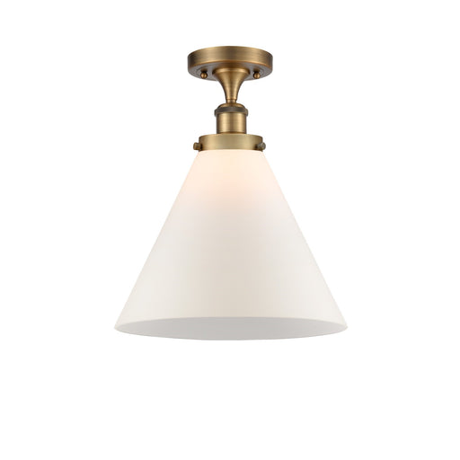 Innovations Cone 12in 1-Light Semi-Flush Mount | Industrial Brushed Brass and Matte White Frosted Glass | Foyer & Hallway | Model 916-1C-BB-G41-L-LED