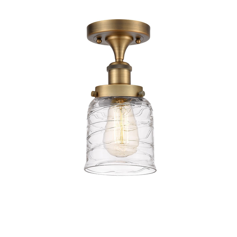 Innovations Bell 5in 1-Light Semi-Flush Mount | Industrial Brushed Brass and Clear Deco Swirl Glass | Foyer & Hallway | Model 916-1C-BB-G513