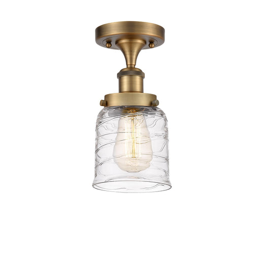 Innovations Bell 5in 1-Light Semi-Flush Mount | Industrial Brushed Brass and Clear Deco Swirl Glass | Foyer & Hallway | Model 916-1C-BB-G513