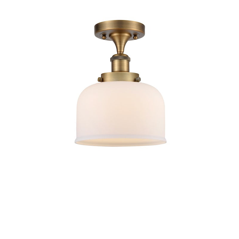 Innovations Ballston Large Bell 8in 1-Light LED Semi-Flush Mount | Industrial Brushed Brass and Matte White Frosted Glass | Model 916-1C-BB-G71-LED