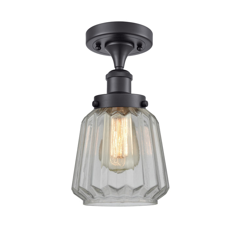 Innovations Chatham 7in 1-Light Semi-Flush Mount | Modern Matte Black Steel and Clear Ribbed Glass Shade | Entryway & Hallway | Model 916-1C-BK-G142