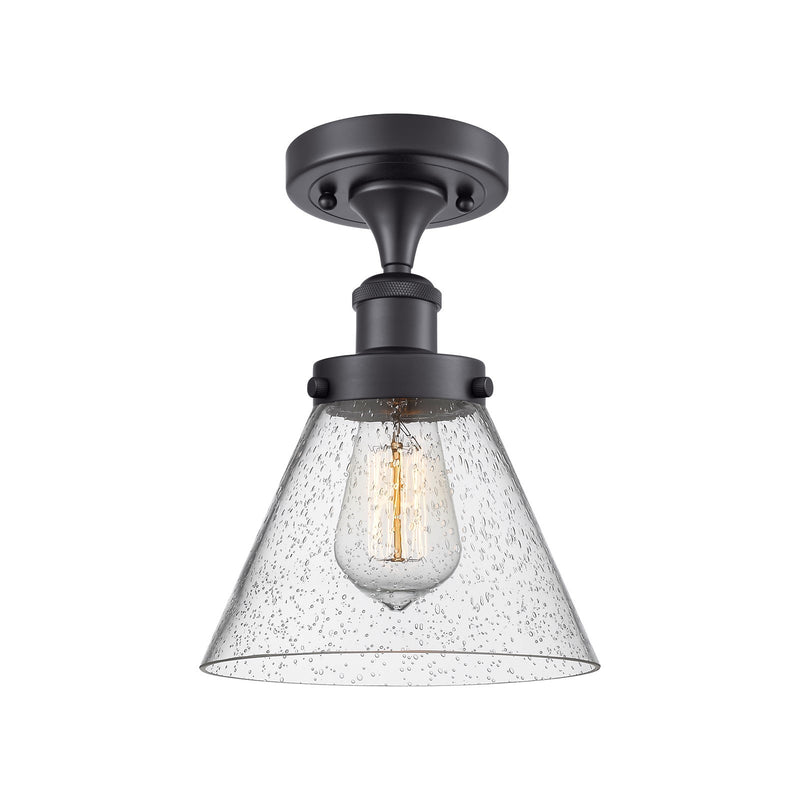 Innovations Cone 8in 1-Light Semi-Flush Mount | Industrial Matte Black Steel and Seedy Glass | Entryway & Hallway | 8 x 8 x 13 in | Model 916-1C-BK-G44-LED