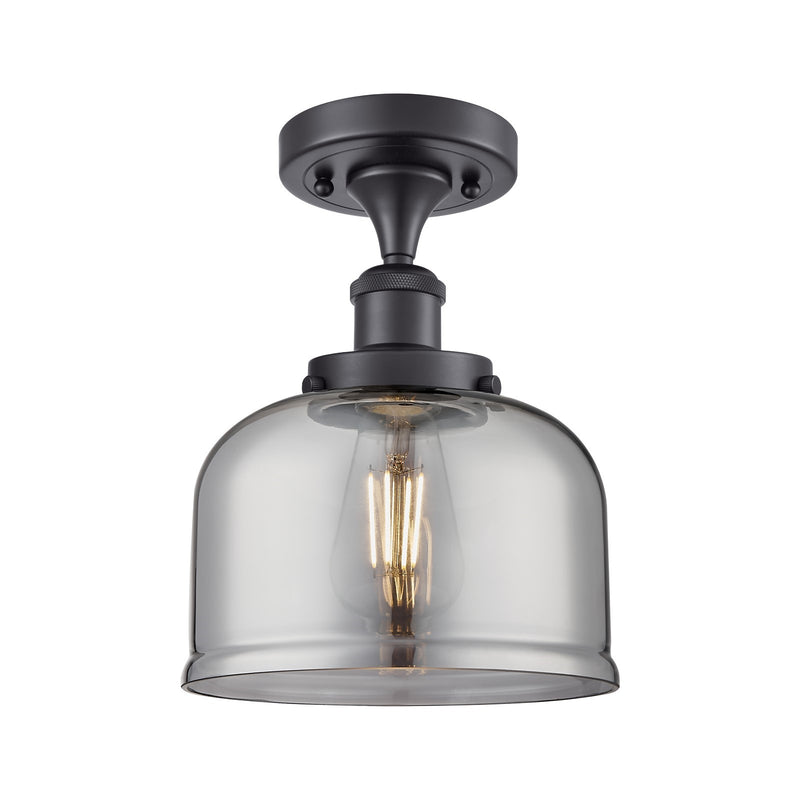 Innovations Bell 8in 1-Light Semi-Flush Mount | Industrial Matte Black Steel and Light Smoke Glass | Entryway & Hallway | Model 916-1C-BK-G73-LED