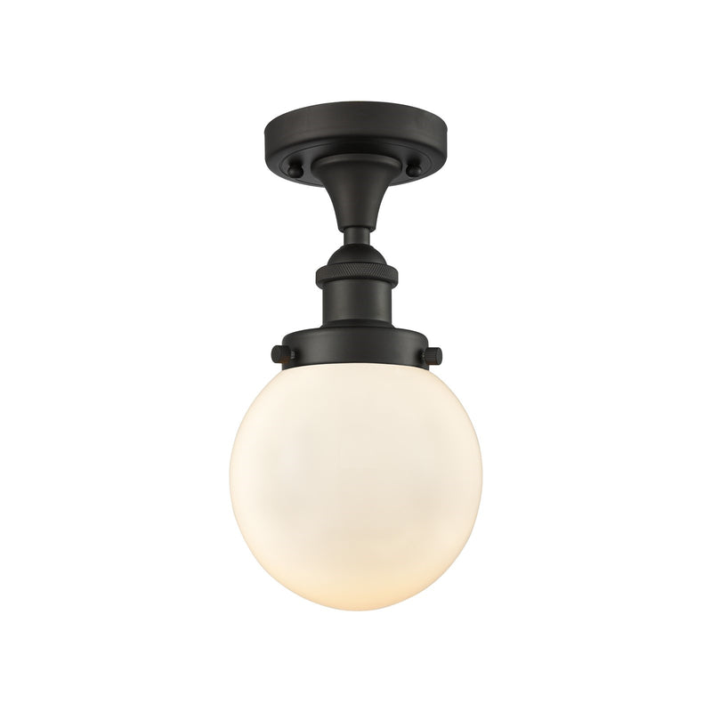 Innovations Beacon 6in 1-Light Semi-Flush Mount | Modern Transitional Oil Rubbed Bronze Steel and Matte White Frosted Glass Globe | Model 916-1C-OB-G201-6