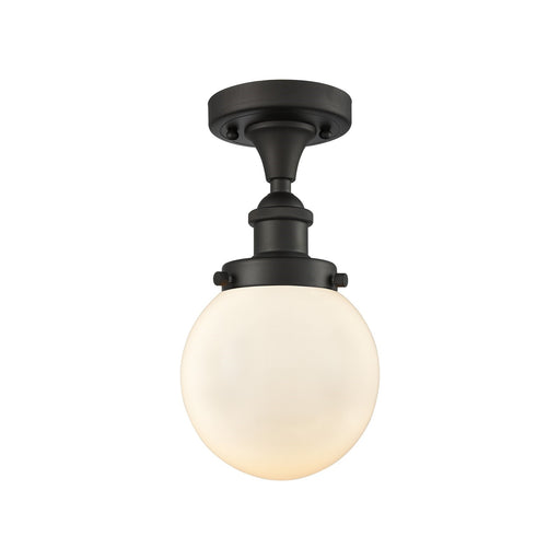 Innovations Beacon 6in 1-Light Semi-Flush Mount | Modern Transitional Oil Rubbed Bronze Steel and Matte White Frosted Glass Globe | Model 916-1C-OB-G201-6