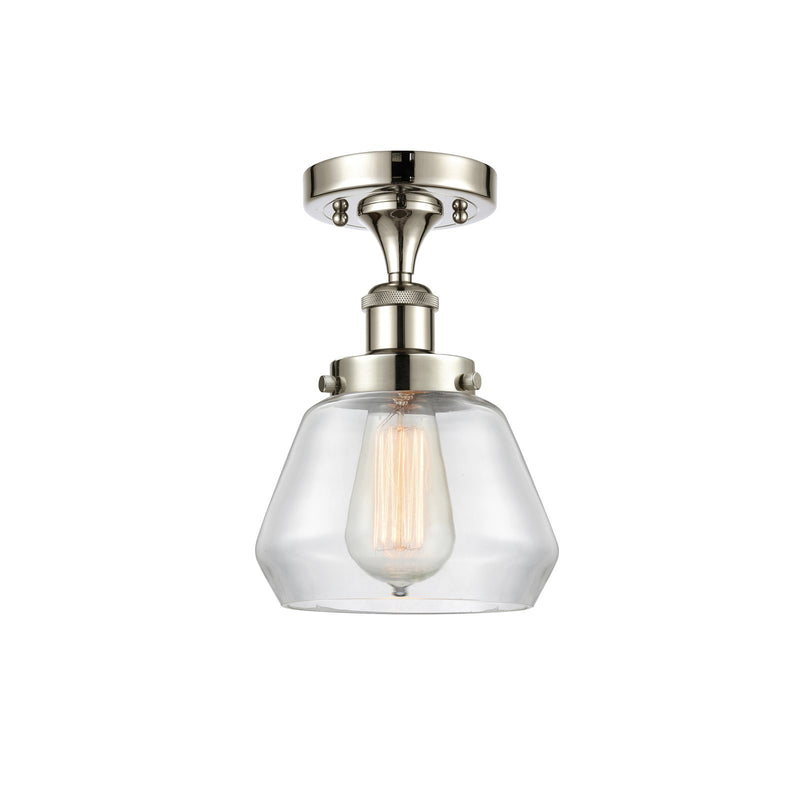 Innovations Fulton 7in 1-Light Semi-Flush Mount | Modern Contempo Polished Nickel Steel and Clear Glass Schoolhouse Shade | Hallway | Model 916-1C-PN-G172