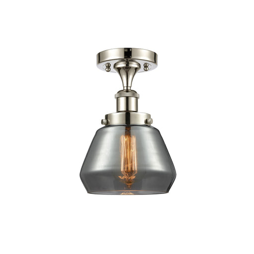 Innovations Fulton 7in 1-Light Semi-Flush Mount | Modern Contempo Polished Nickel Steel and Smoked Glass Schoolhouse Shade | Model 916-1C-PN-G173