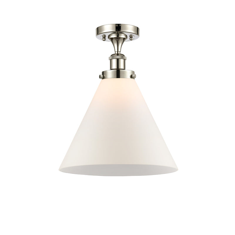 Innovations Cone 12in 1-Light Semi-Flush Mount | Industrial Polished Nickel Steel and Matte White Frosted Glass Cone Shade | Model 916-1C-PN-G41-L-LED