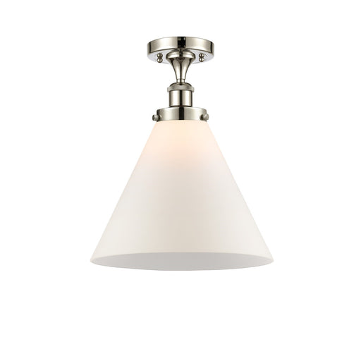Innovations Cone 12in 1-Light Semi-Flush Mount | Industrial Polished Nickel Steel and Matte White Frosted Glass Cone Shade | Model 916-1C-PN-G41-L-LED