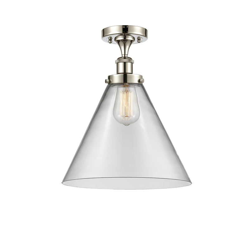 Innovations Cone 12in 1-Light Semi-Flush Mount | Industrial Polished Nickel Steel and Clear Glass Cone Shade | Entryway & | Model 916-1C-PN-G42-L-LED