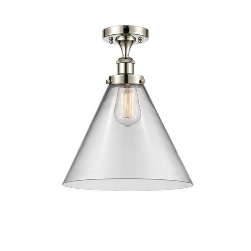 Innovations Cone 12in 1-Light Semi-Flush Mount | Industrial Polished Nickel Steel and Clear Glass Cone Shade | Entryway & | Model 916-1C-PN-G42-L-LED