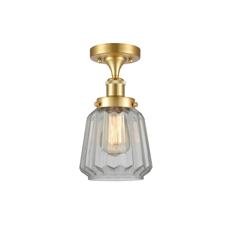 Innovations Chatham 7in 1-Light Semi-Flush Mount | Modern Transitional Satin Gold Steel and Clear Ribbed Glass Shade | Damp | Model 916-1C-SG-G142