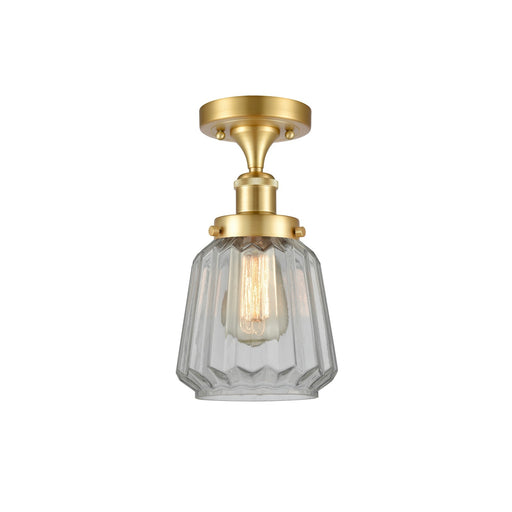 Innovations Chatham 7in 1-Light Semi-Flush Mount | Modern Transitional Satin Gold Steel and Clear Ribbed Glass Shade | Damp | Model 916-1C-SG-G142