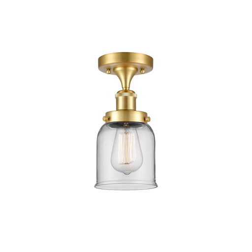 Innovations Bell 5in 1-Light Semi-Flush Mount | Industrial Satin Gold Steel and Clear Glass | Entryway & Hallway | 5 x 11 in | Model 916-1C-SG-G52