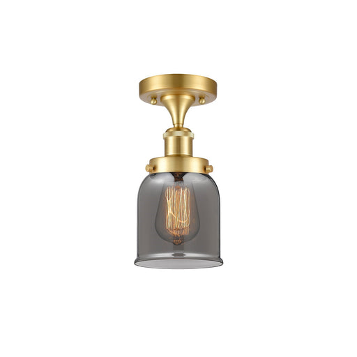 Innovations Bell 5in 1-Light Semi-Flush Mount | Industrial Satin Gold Steel and Light Smoke Glass | Entryway & Hallway | 5 x 11 in | Model 916-1C-SG-G53