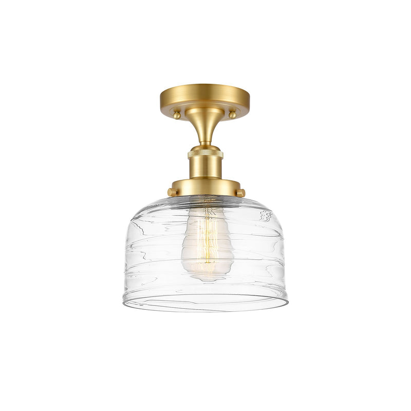 Innovations Bell 8in 1-Light Semi-Flush Mount | Industrial Satin Gold Steel and Clear Deco Swirl Glass | Entryway & Hallway | Model 916-1C-SG-G713