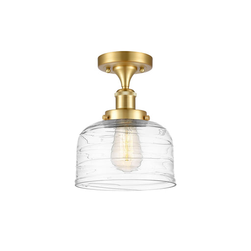 Innovations Bell 8in 1-Light Semi-Flush Mount | Industrial Satin Gold Steel and Clear Deco Swirl Glass | Entryway & Hallway | Model 916-1C-SG-G713