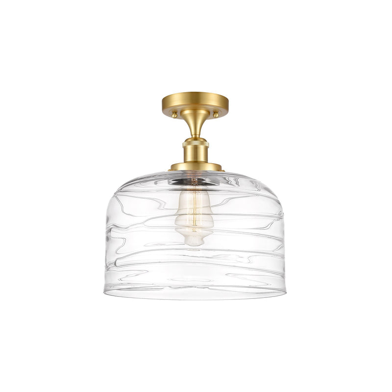Innovations Bell 12in 1-Light Semi-Flush Mount | Industrial Satin Gold Steel and Clear Deco Swirl Glass | Kitchen & Hallway | Model 916-1C-SG-G713-L