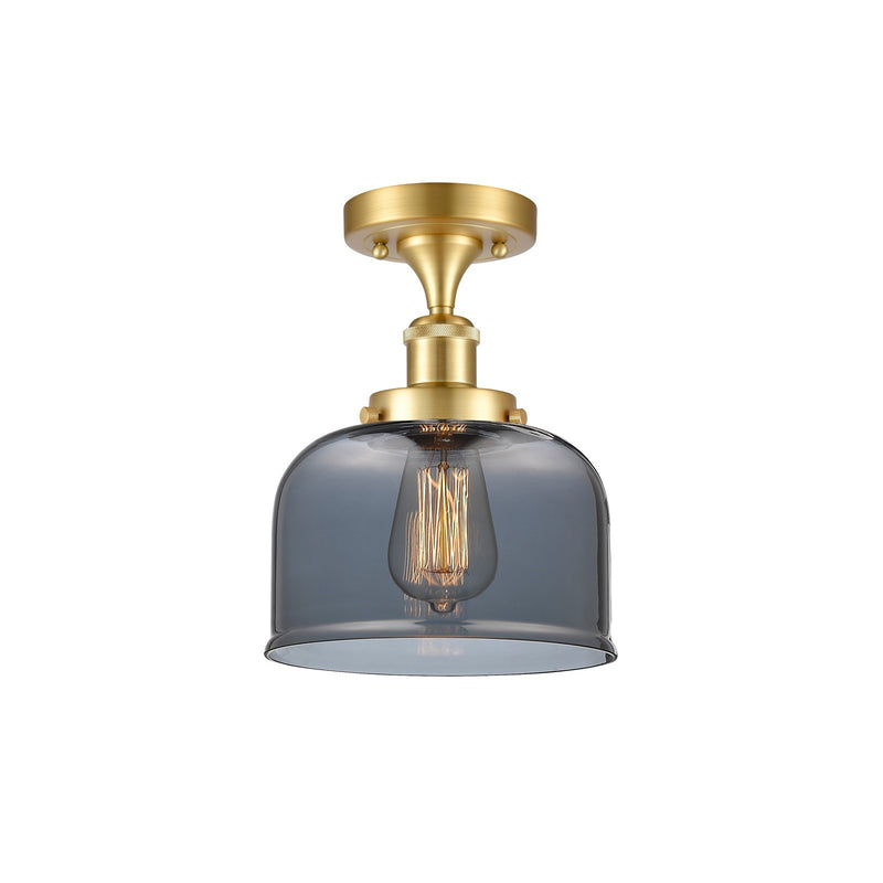Innovations Bell 8in 1-Light Semi-Flush Mount | Industrial Satin Gold Steel and Light Smoke Glass | Foyer & Hallway | 8 x 8 x 13 in | Model 916-1C-SG-G73