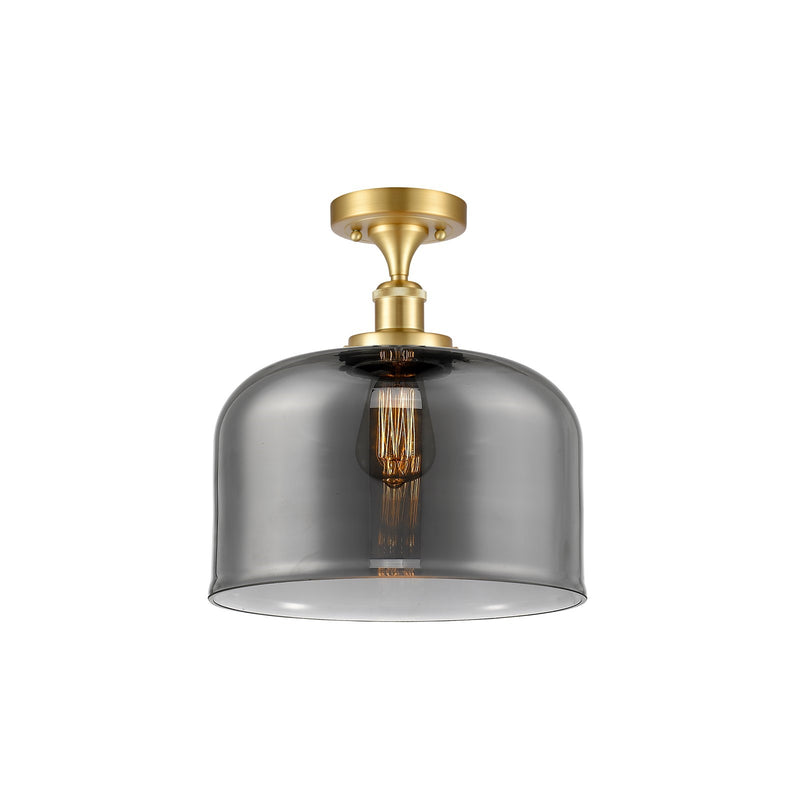 Innovations Bell 12in 1-Light Semi-Flush Mount | Industrial Satin Gold Steel and Light Smoke Glass | Foyer & Hallway | Model 916-1C-SG-G73-L