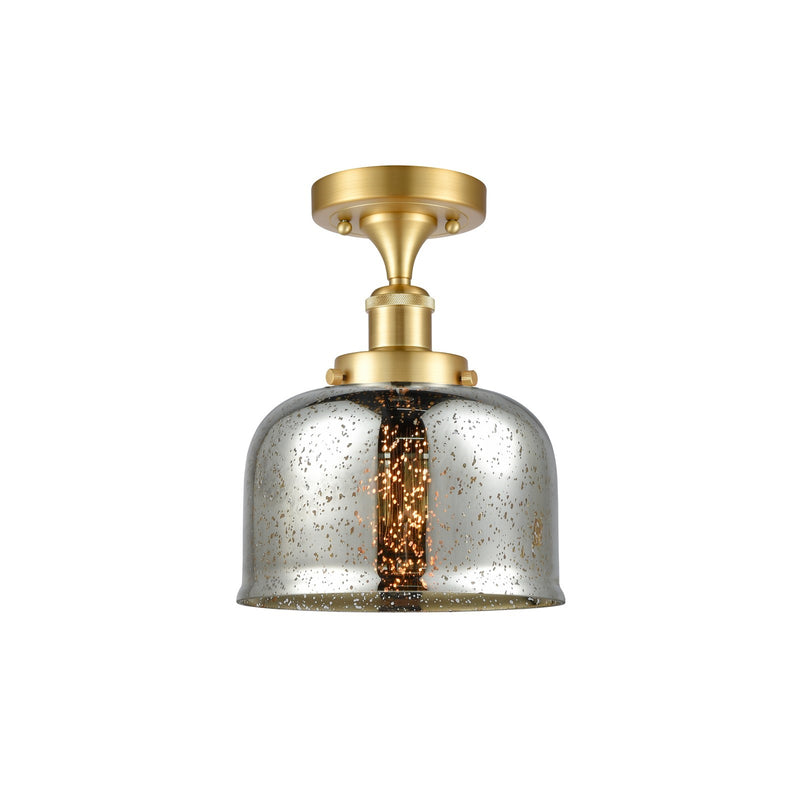 Innovations Bell 8in 1-Light Semi-Flush Mount | Industrial Satin Gold Steel and Silver Plated Mercury Glass | Entryway & Covered | Model 916-1C-SG-G78
