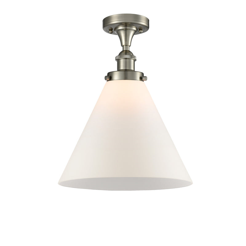 Innovations Cone 12in 1-Light Semi-Flush Mount | Industrial Brushed Satin Nickel and Matte White Frosted Glass | Living Room & | Model 916-1C-SN-G41-L