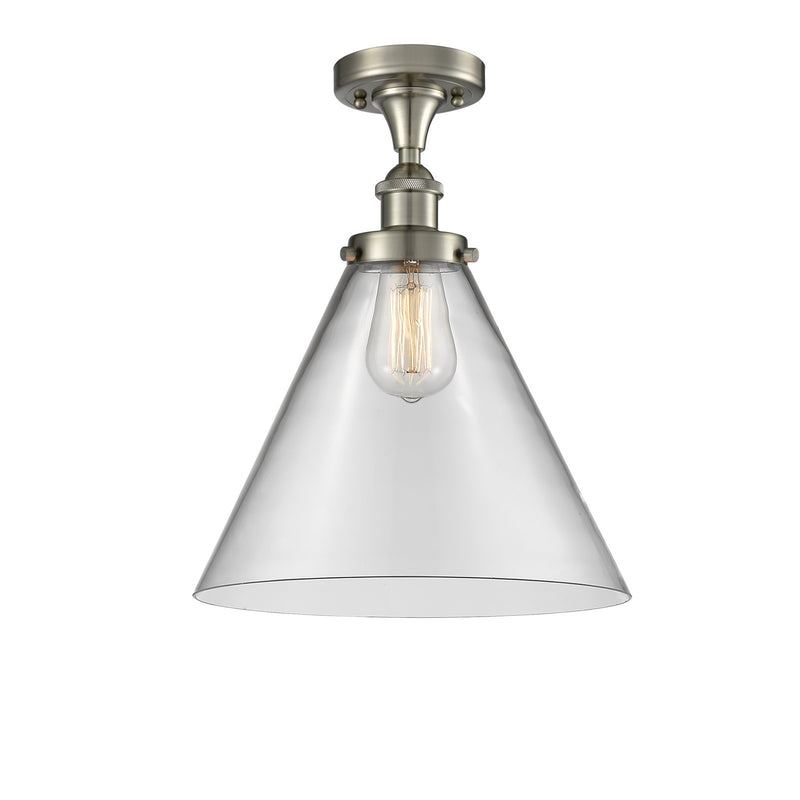 Innovations Cone 12in 1-Light Semi-Flush Mount | Industrial Brushed Satin Nickel Steel and Clear Glass | Hallway & Foyer | Model 916-1C-SN-G42-L-LED