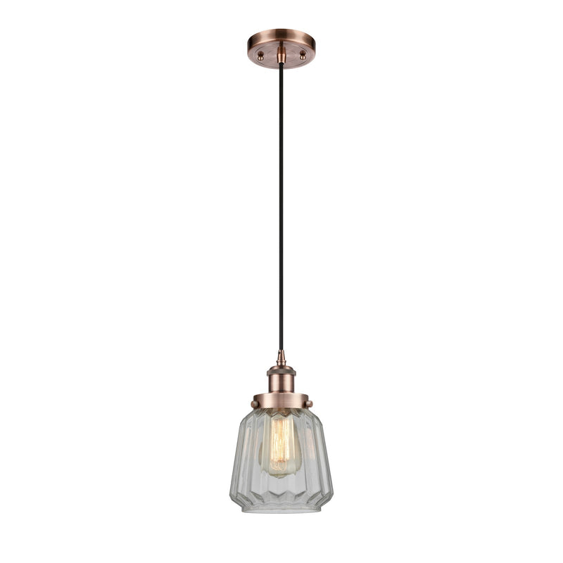 Innovations Chatham 7in 1-Light Mini Pendant | Transitional Antique Copper Steel and Cast Brass Clear Ribbed Glass | Kitchen Island | Model 916-1P-AC-G142