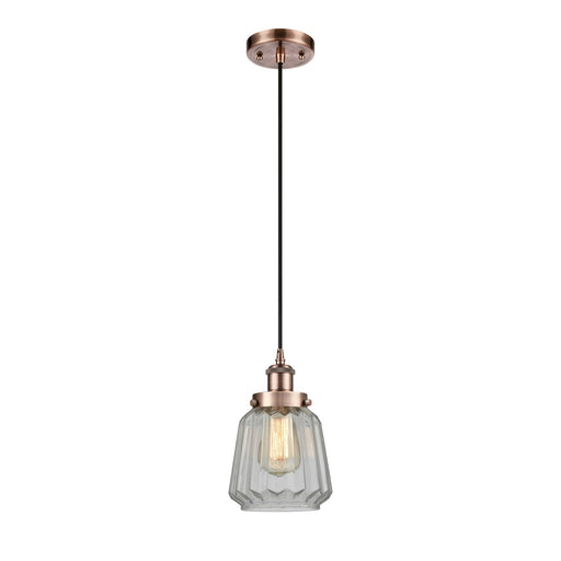 Innovations Chatham 7in 1-Light Mini Pendant | Transitional Antique Copper Steel and Cast Brass Clear Ribbed Glass | Kitchen Island | Model 916-1P-AC-G142