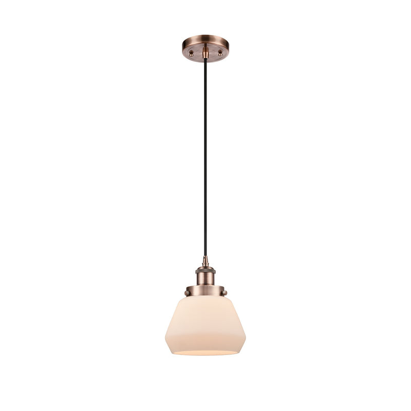 Innovations Fulton 7in 1-Light Mini Pendant | Transitional Antique Copper Steel and Cast Brass Matte White Frosted Glass | Kitchen | Model 916-1P-AC-G171