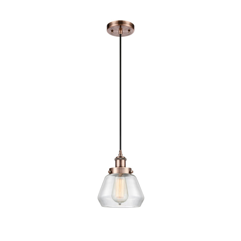 Innovations Fulton 7in 1-Light Mini Pendant | Modern Transitional Antique Copper Steel and Clear Glass | Kitchen Island & Dining | Model 916-1P-AC-G172