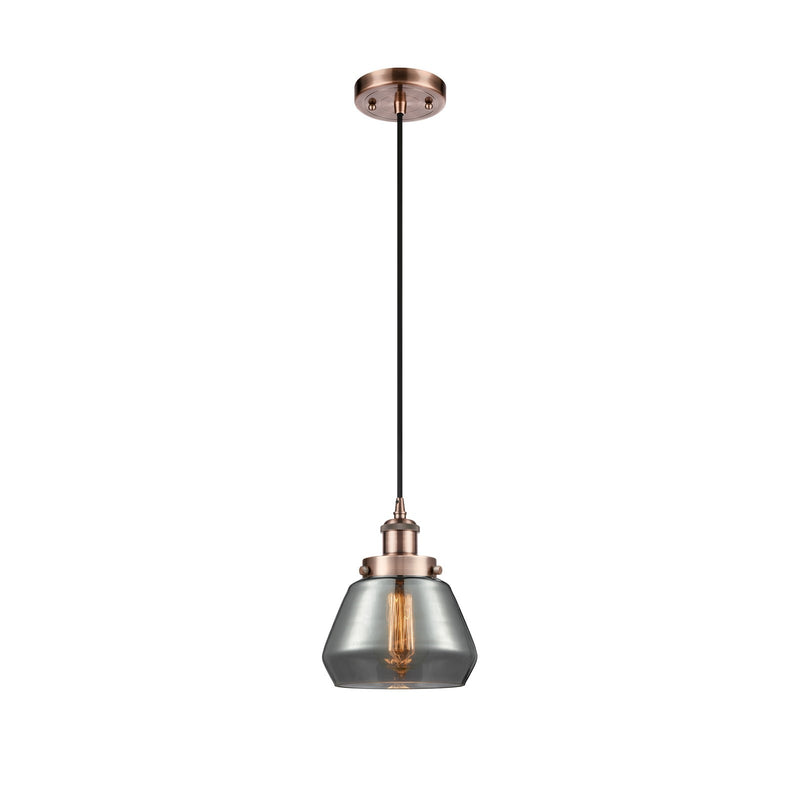 Innovations Fulton 7in 1-Light Mini Pendant | Modern Transitional Antique Copper Steel and Smoked Glass | Kitchen Island & Dining | Model 916-1P-AC-G173