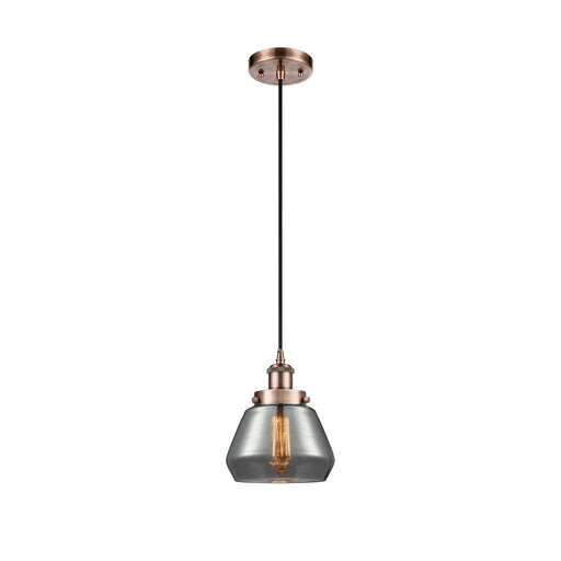 Innovations Fulton 7in 1-Light Mini Pendant | Modern Transitional Antique Copper Steel and Smoked Glass | Kitchen Island & Dining | Model 916-1P-AC-G173