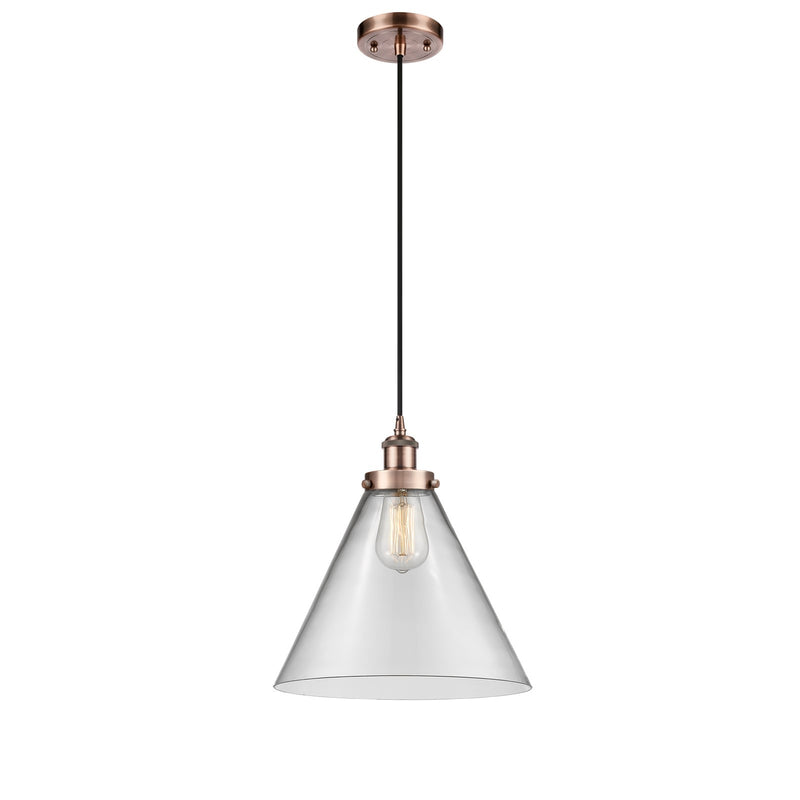 Innovations Cone 12in 1-Light Mini Pendant | Industrial Antique Copper Steel and Clear Glass | Kitchen Island & Dining Room | Model 916-1P-AC-G42-L-LED
