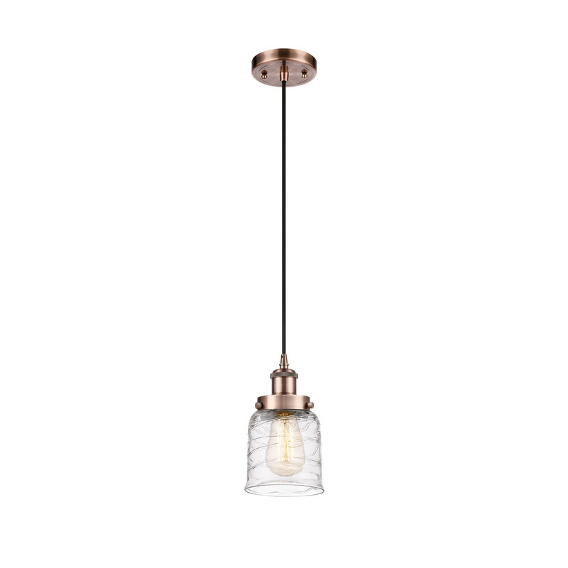 Innovations Bell 5in 1-Light Mini Pendant | Industrial Antique Copper Steel and Clear Deco Swirl Glass | Kitchen Island & | Model 916-1P-AC-G513-LED